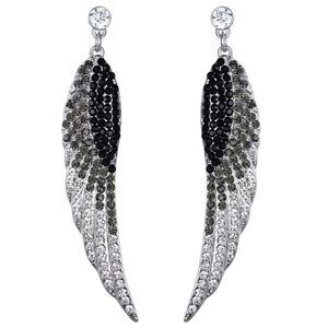 Silver with Black Onyx and Gray Austrian Crystal Angel Wing Drop Post Earrings